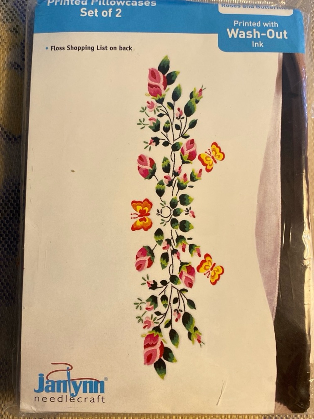 Janlynn Pillowcase needlepoint Set “roses & butterflies- with threads